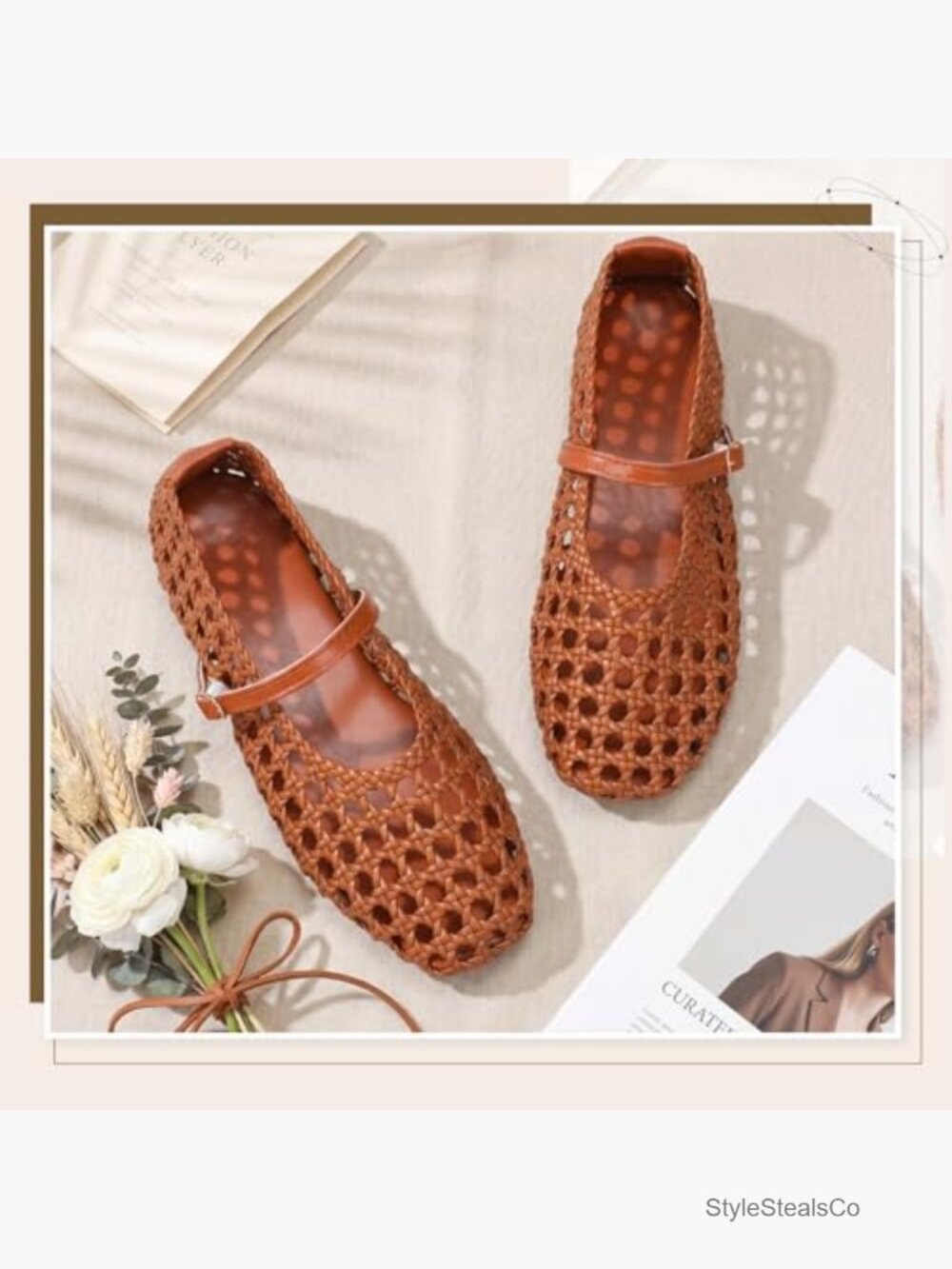 Woven Mary Jane Flats Ballet Mesh Square Toe Buckle Strap Work Flats Comfort - Picture 3 of 7